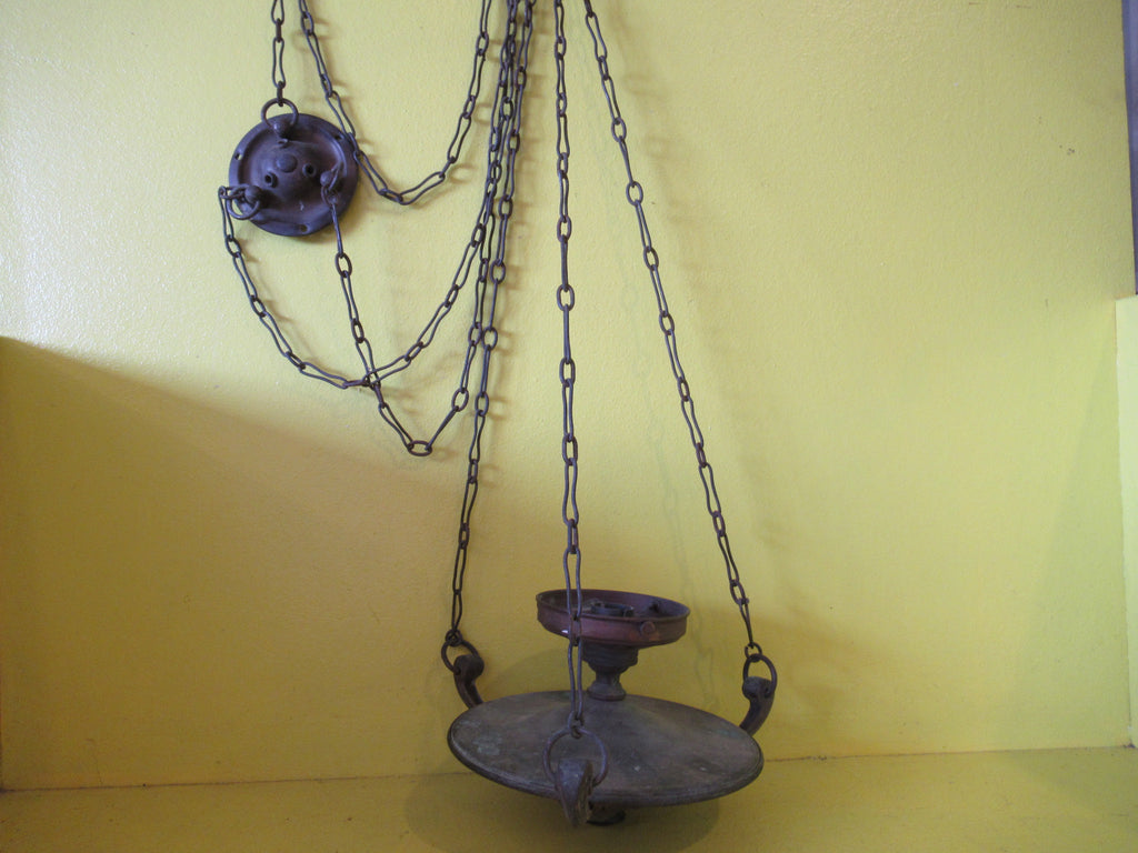 Antique Copper Dish Light with Three shell Decoration & Three Chain Hanger  1025H x 180W, Mounting Plate 87D