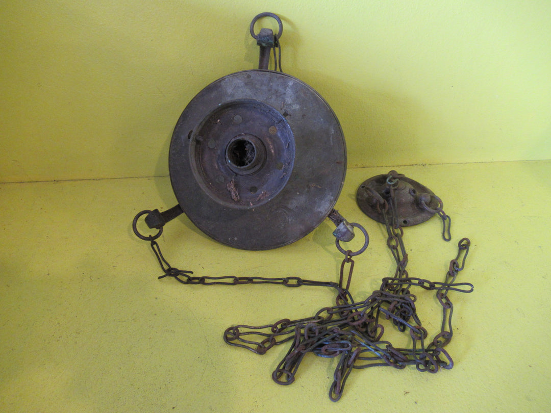 Antique Copper Dish Light with Three shell Decoration & Three Chain Hanger  1025H x 180W, Mounting Plate 87D