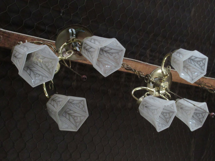Vintage 3 way Bronze Pendant Ceiling Light with Patterned Frosted Shades.  500H x 310W