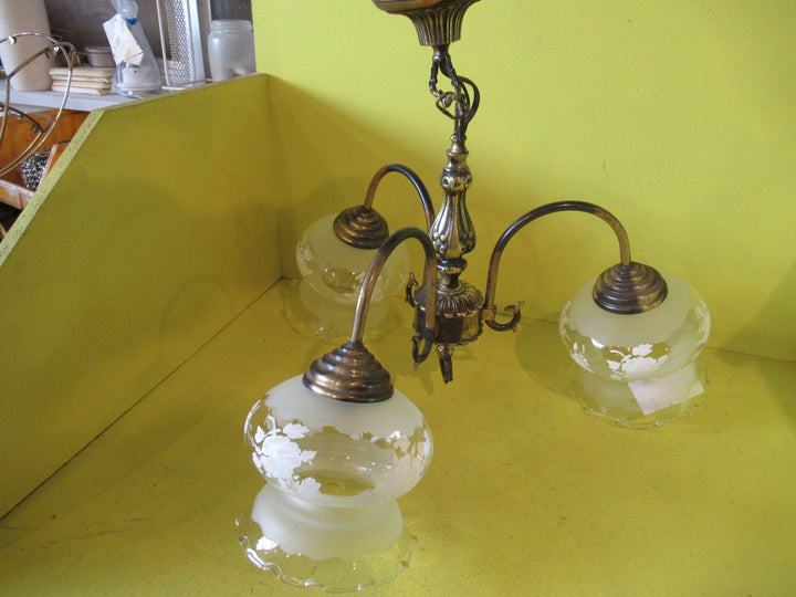 Ornate Brass Ceiling Light with Curvy Delicate Shades with Hand painted Roses & Frosted Glass