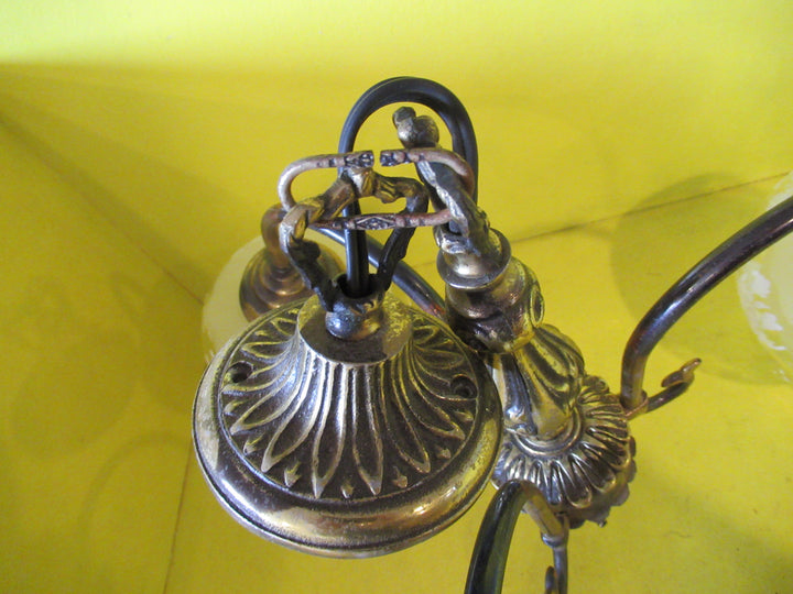 Ornate Brass Ceiling Light with Curvy Delicate Shades with Hand painted Roses & Frosted Glass