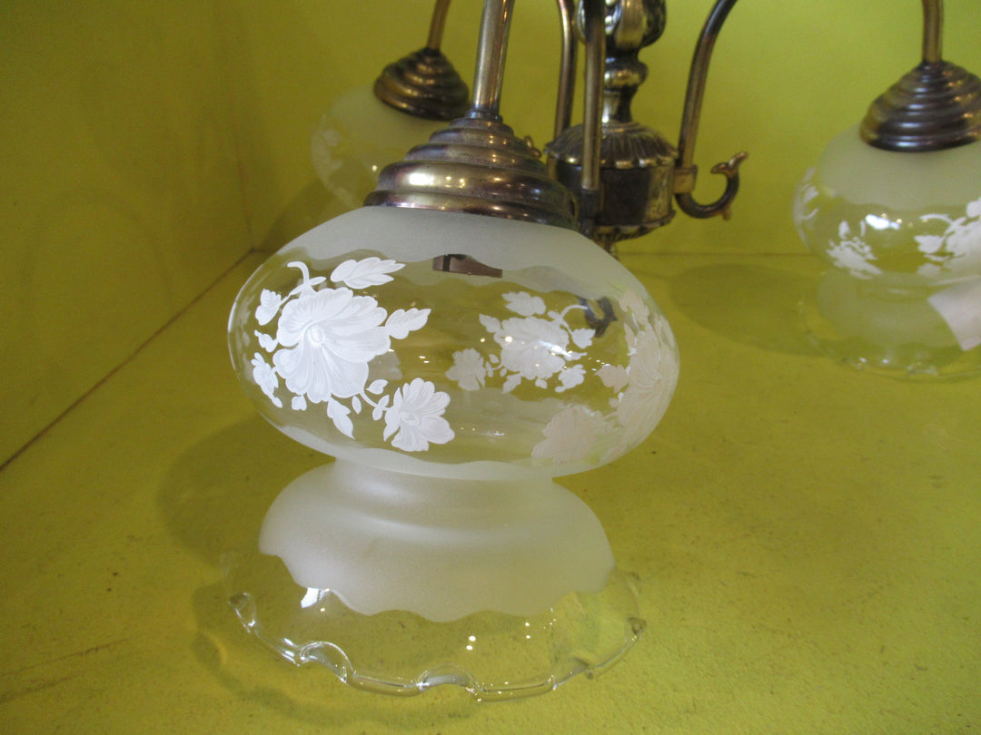 Ornate Brass Ceiling Light with Curvy Delicate Shades with Hand painted Roses & Frosted Glass