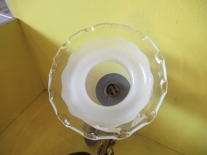 Ornate Brass Ceiling Light with Curvy Delicate Shades with Hand painted Roses & Frosted Glass