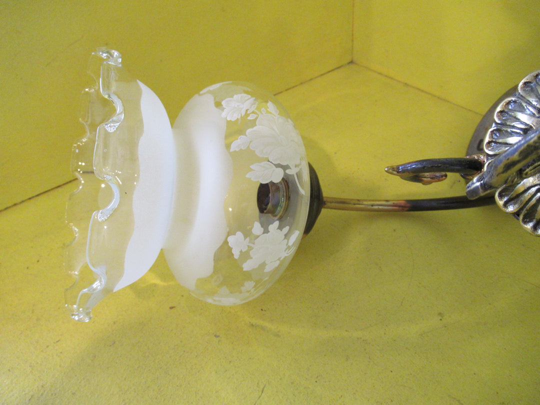 Ornate Brass Ceiling Light with Curvy Delicate Shades with Hand painted Roses & Frosted Glass