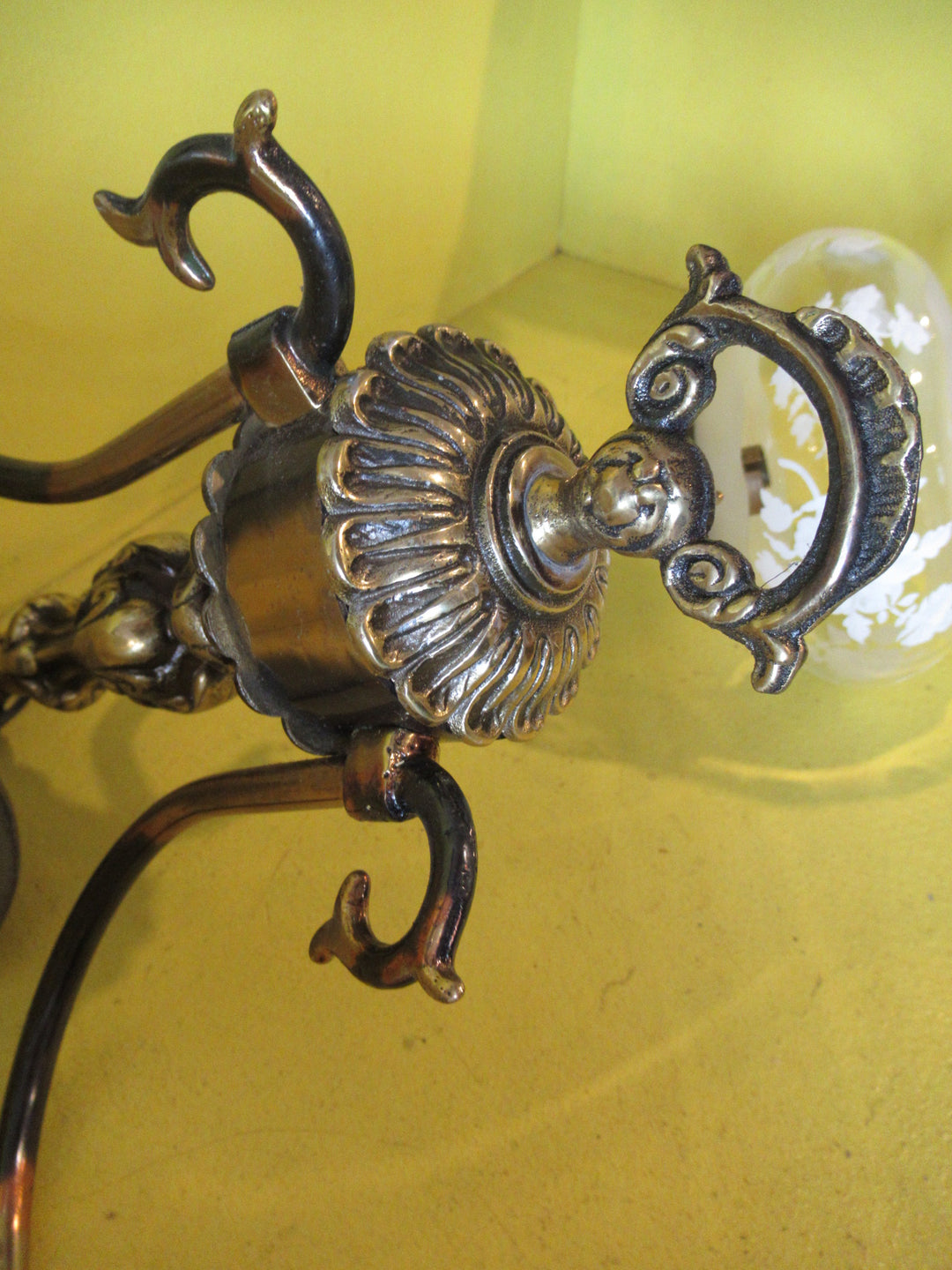 Ornate Brass Ceiling Light with Curvy Delicate Shades with Hand painted Roses & Frosted Glass