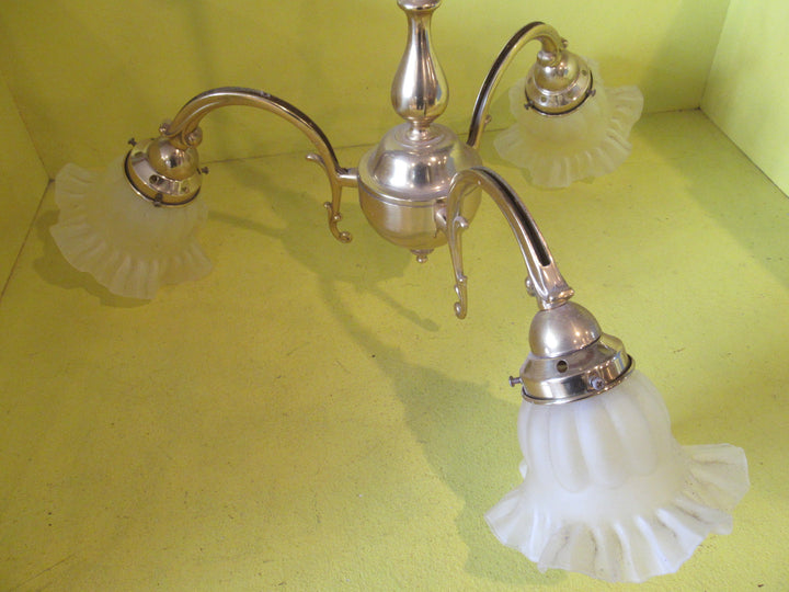 Art Deco Brass Pendant Ceiling Lights (3) with Petticoat Shades  500L x 580 Dia