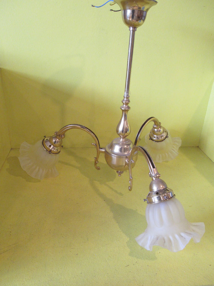 Art Deco Brass Pendant Ceiling Lights (3) with Petticoat Shades  500L x 580 Dia