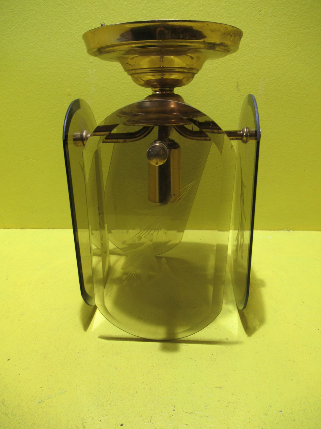 Retro 4 Pane Etched Glass Ceiling Light with Brass Effect Trim   280H x 190W