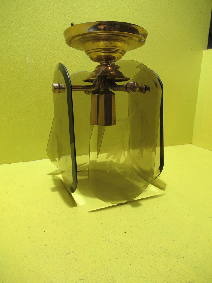 Retro 4 Pane Etched Glass Ceiling Light with Brass Effect Trim   280H x 190W
