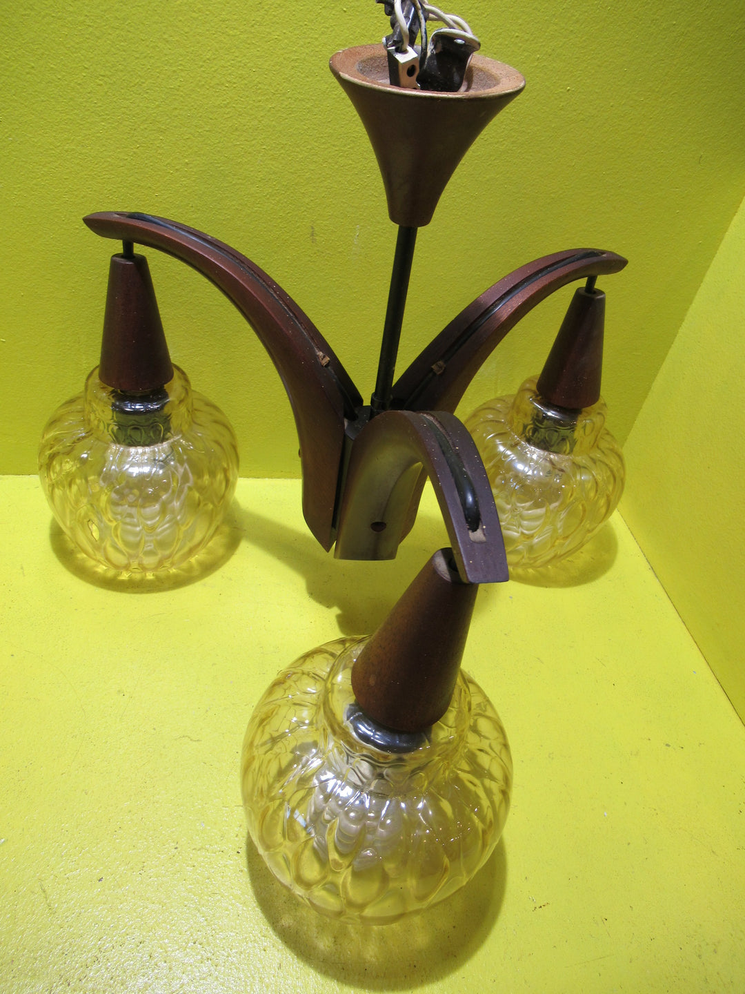 Retro Large Wooden Triangular 3 Light ceiling Light   375H x 40 Dia
