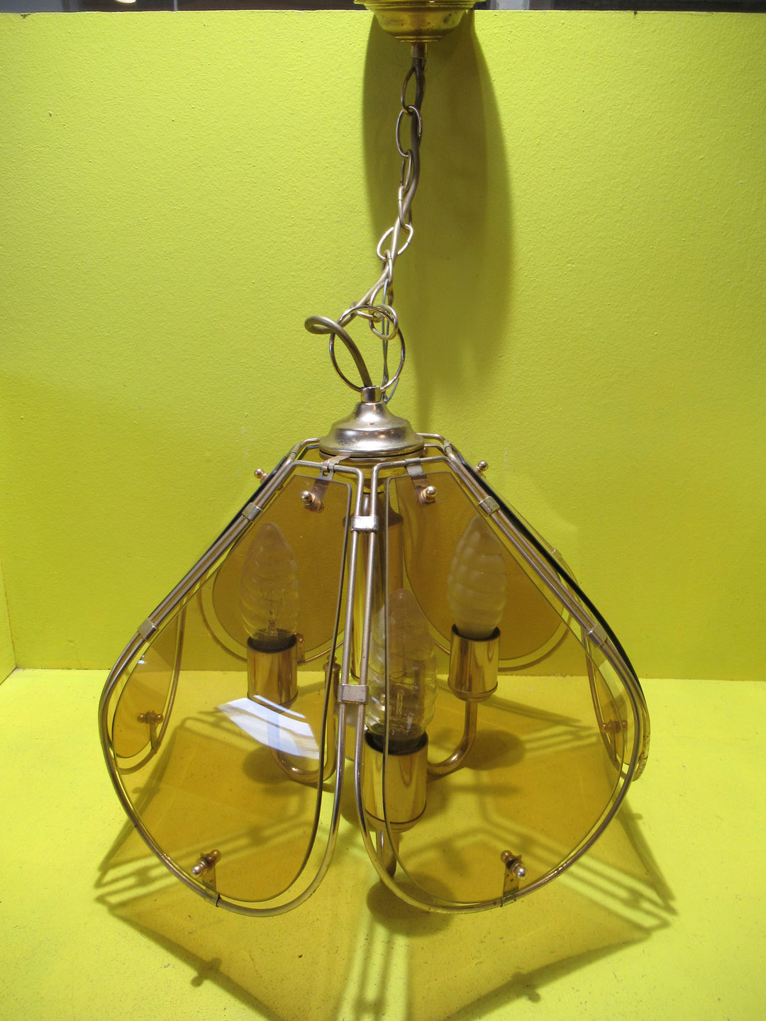 Retro 6 Pane Amber Glass Ceiling Light with 3 Light socket fitting with Brass Effect Trim   700H x 340W