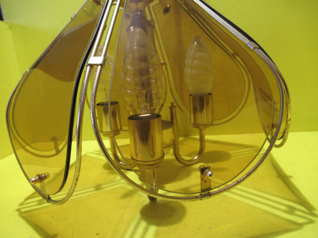 Retro 6 Pane Amber Glass Ceiling Light with 3 Light socket fitting with Brass Effect Trim   700H x 340W