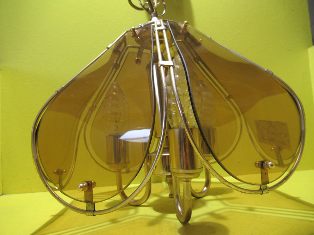 Retro 6 Pane Amber Glass Ceiling Light with 3 Light socket fitting with Brass Effect Trim   700H x 340W