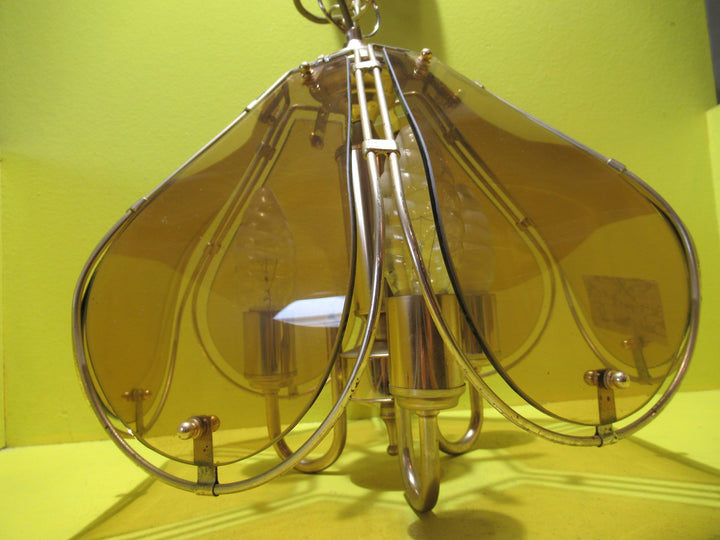 Retro 6 Pane Amber Glass Ceiling Light with 3 Light socket fitting with Brass Effect Trim   700H x 340W