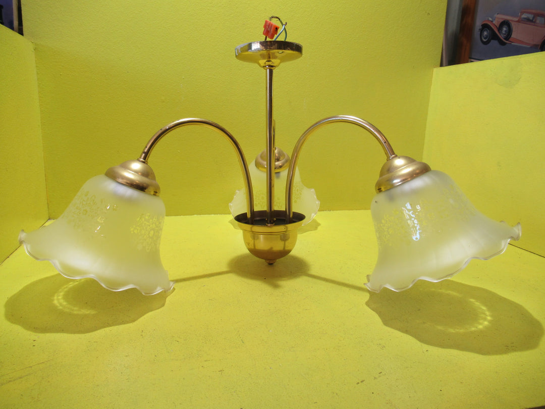 Retro Brass Effect 3 Way Ceiling Light with small Patterned Bell Shades   285H x 500Dia