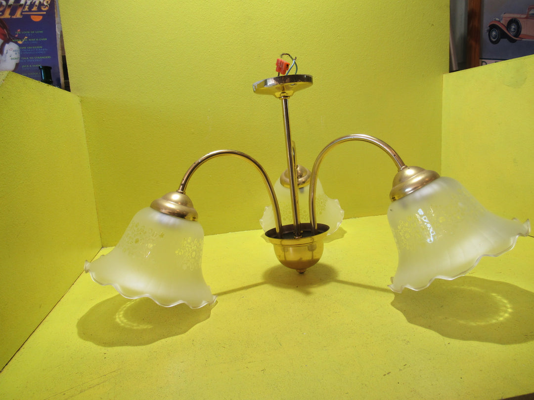 Retro Brass Effect 3 Way Ceiling Light with small Patterned Bell Shades   285H x 500Dia