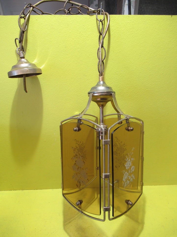 Retro Brass Effect Ceiling Light with 4 Amber Glass Panes   890H x 175W