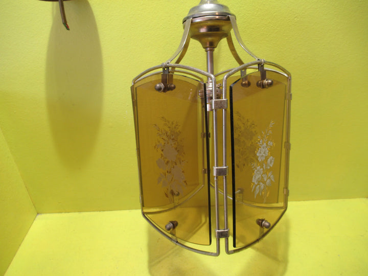 Retro Brass Effect Ceiling Light with 4 Amber Glass Panes   890H x 175W