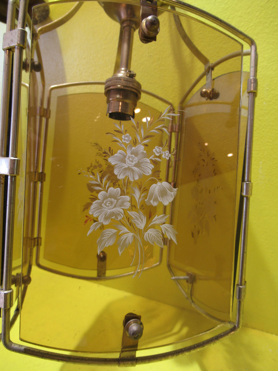 Retro Brass Effect Ceiling Light with 4 Amber Glass Panes   890H x 175W