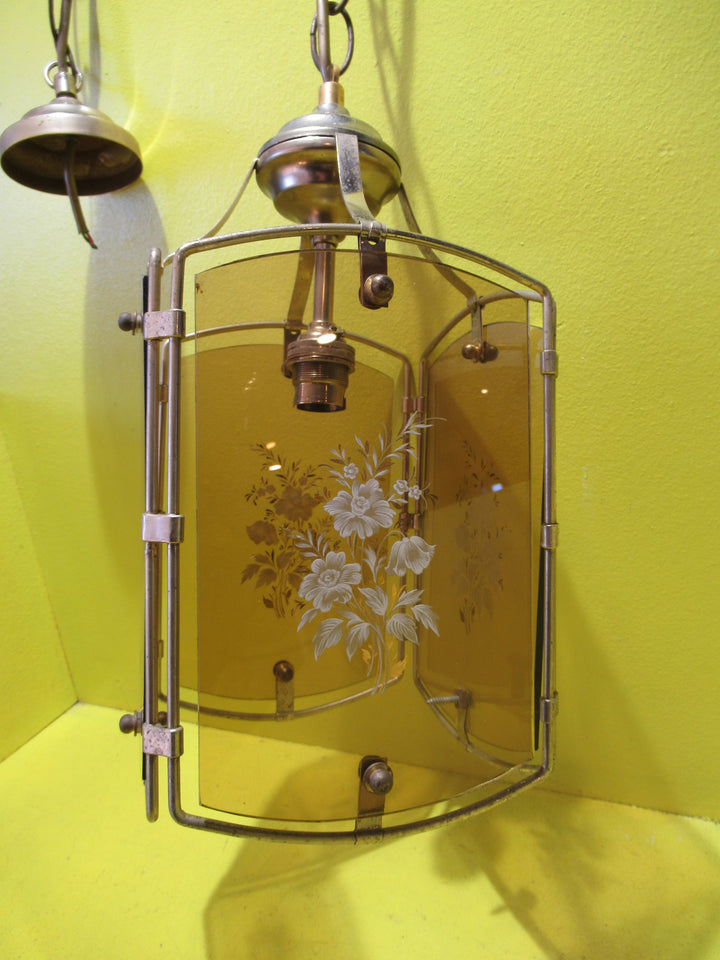 Retro Brass Effect Ceiling Light with 4 Amber Glass Panes   890H x 175W