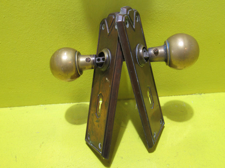 Art Deco Copper Plate with Raised Edge & Diamond Detail at the Top completed with Brass Ball Handles.   Plate 187L x 61W  Handle 45 Dia x 60H