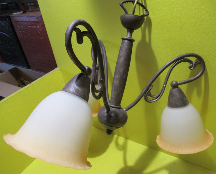 Modern Antique Brass Effect 3 Light Ceiling Light with Apricot coloured Shades   520H x 520W