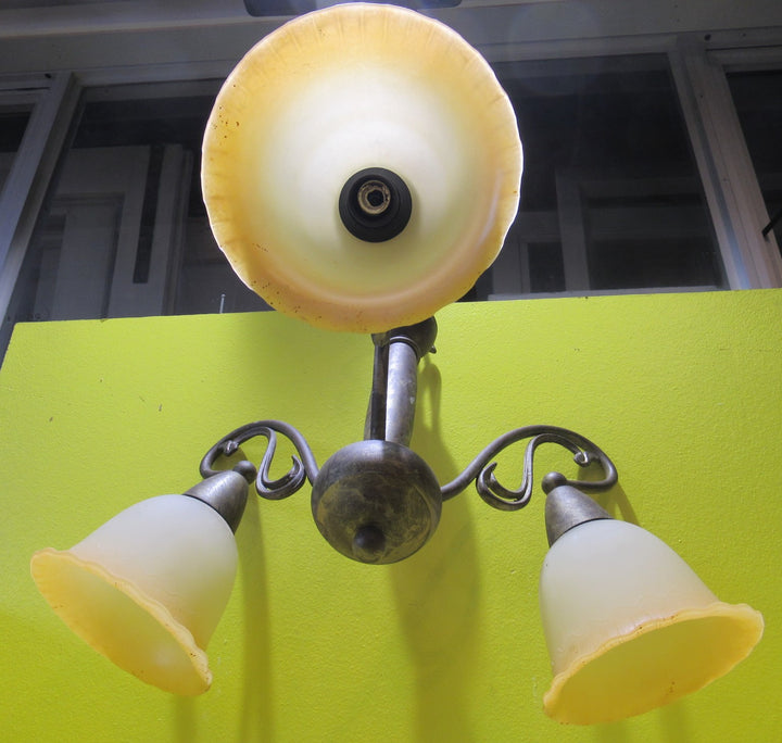 Modern Antique Brass Effect 3 Light Ceiling Light with Apricot coloured Shades   520H x 520W