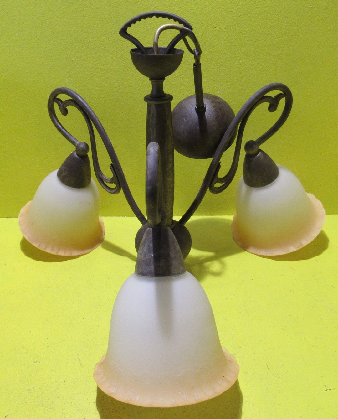 Modern Antique Brass Effect 3 Light Ceiling Light with Apricot coloured Shades   520H x 520W