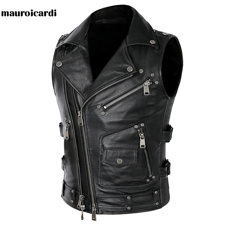 Mauroicardi  Black Motorcycle Leather Vest Men with Zipper Pockets