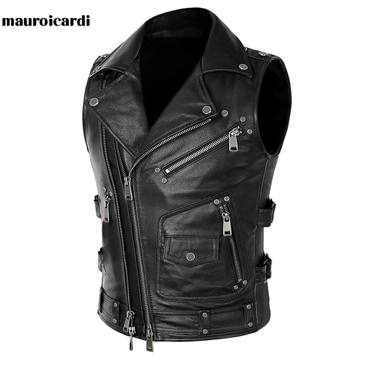 Mauroicardi  Black Motorcycle Leather Vest Men with Zipper Pockets