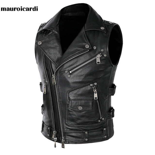 Mauroicardi  Black Motorcycle Leather Vest Men with Zipper Pockets