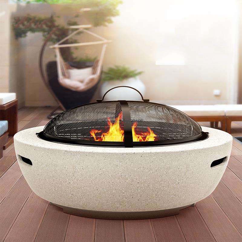 Round Outdoor Fire Pit Table Charcoal Brazier Barbecue Grill With Mesh Enclosure And Barbecue Net