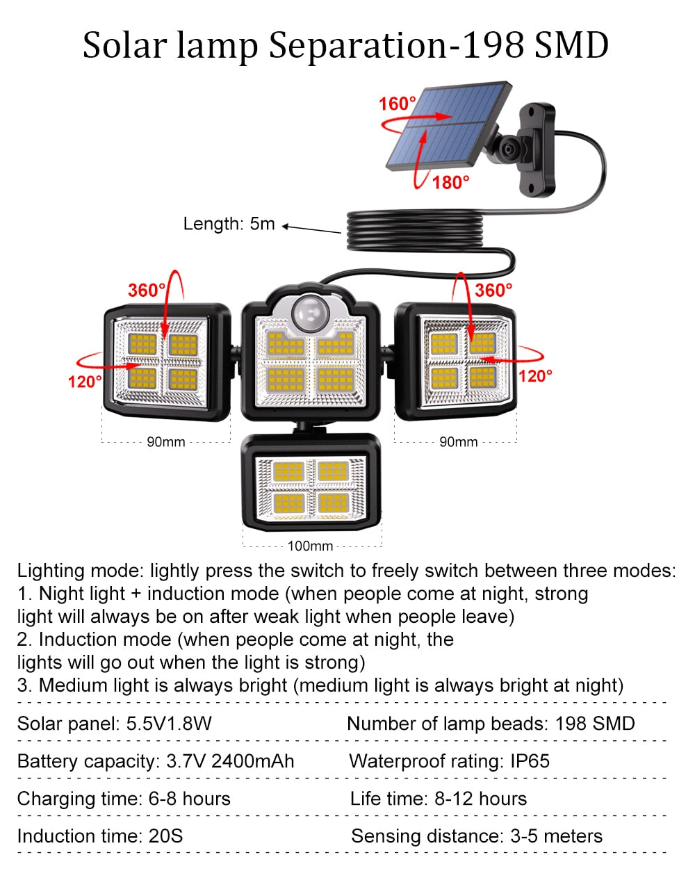 122/138/171/198/333 LED Solar Lights Outdoor Motion Sensor Human Induction Adjustable head IP65 Waterproof Solar Power Wall Lamp