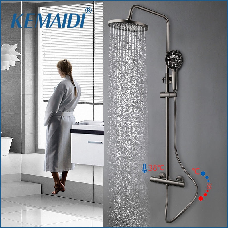 KEMAIDI Gun Grey Shower Set Intelligent Brass Bathroom Faucets Hot Cold Waterfall Tap Rainfall Bathtub Shower System
