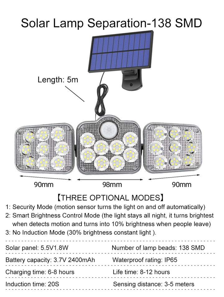 122/138/171/198/333 LED Solar Lights Outdoor Motion Sensor Human Induction Adjustable head IP65 Waterproof Solar Power Wall Lamp