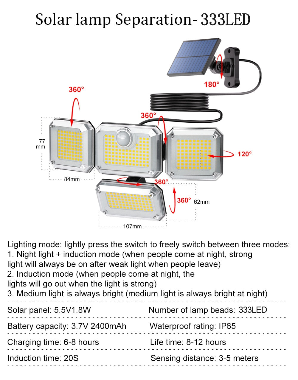 122/138/171/198/333 LED Solar Lights Outdoor Motion Sensor Human Induction Adjustable head IP65 Waterproof Solar Power Wall Lamp