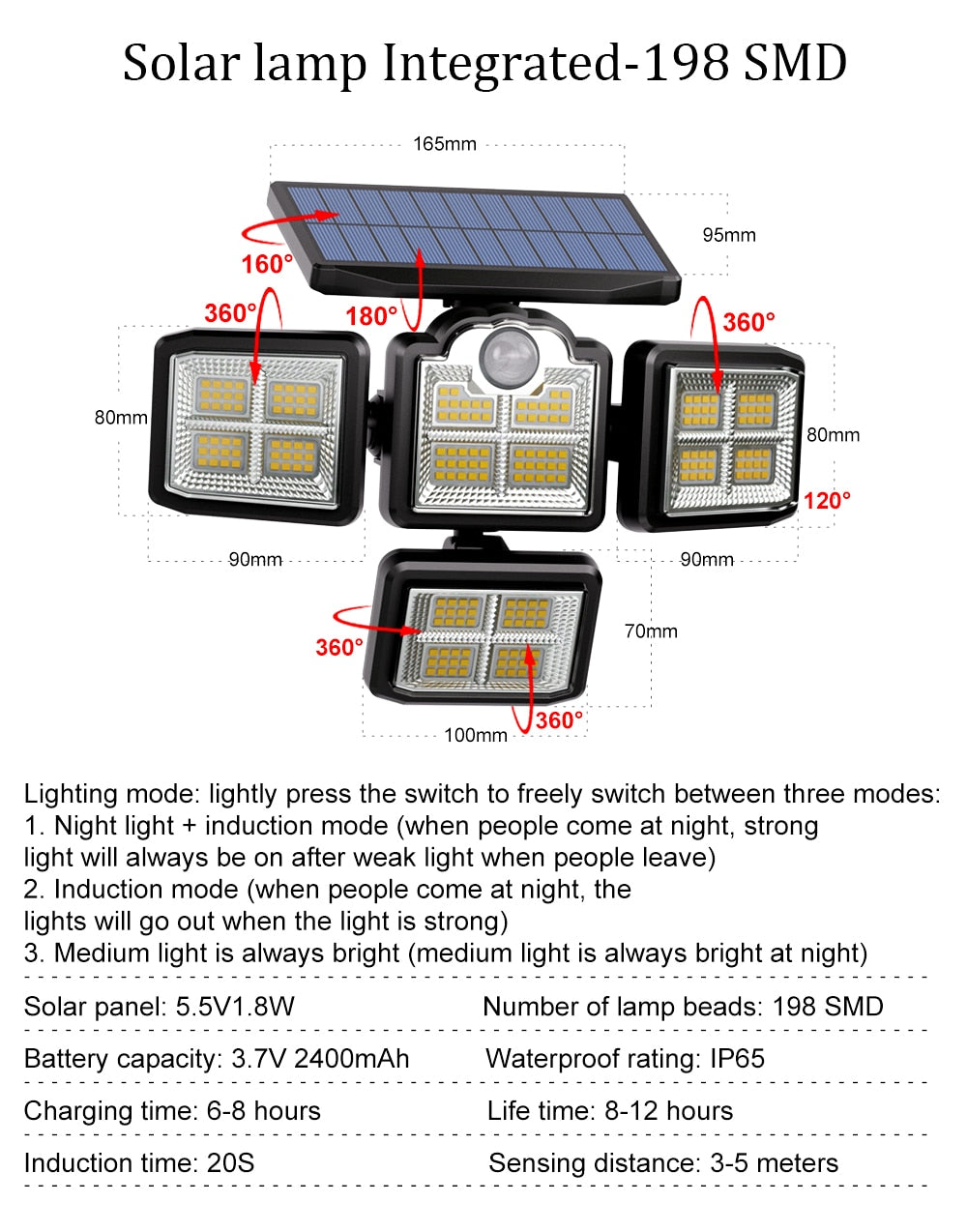 122/138/171/198/333 LED Solar Lights Outdoor Motion Sensor Human Induction Adjustable head IP65 Waterproof Solar Power Wall Lamp