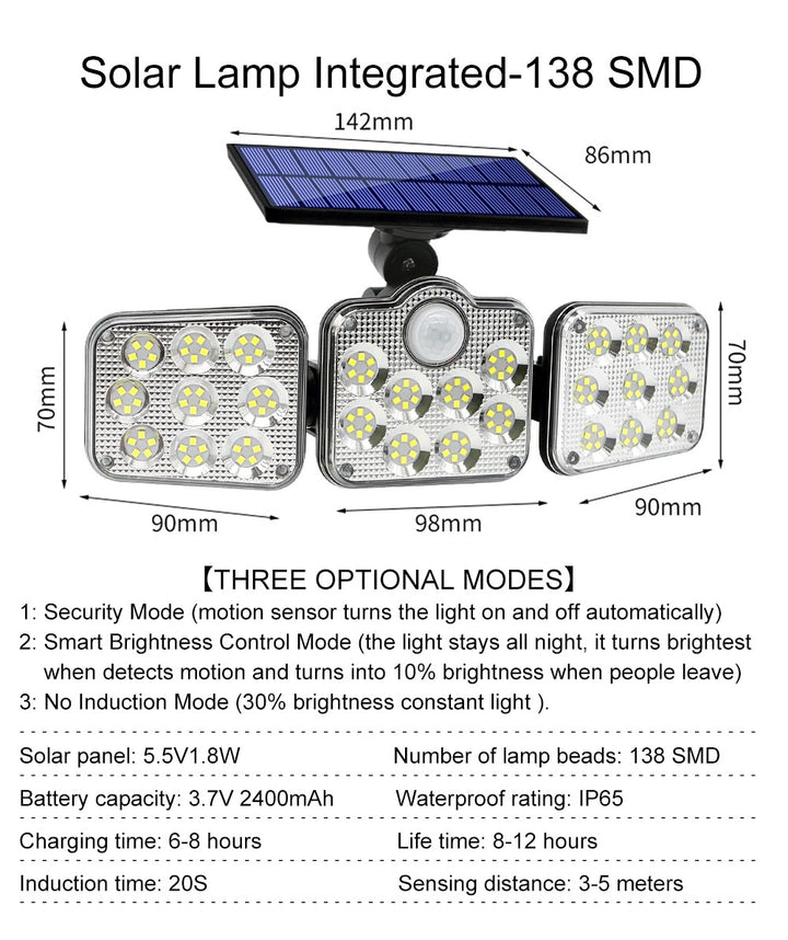 122/138/171/198/333 LED Solar Lights Outdoor Motion Sensor Human Induction Adjustable head IP65 Waterproof Solar Power Wall Lamp