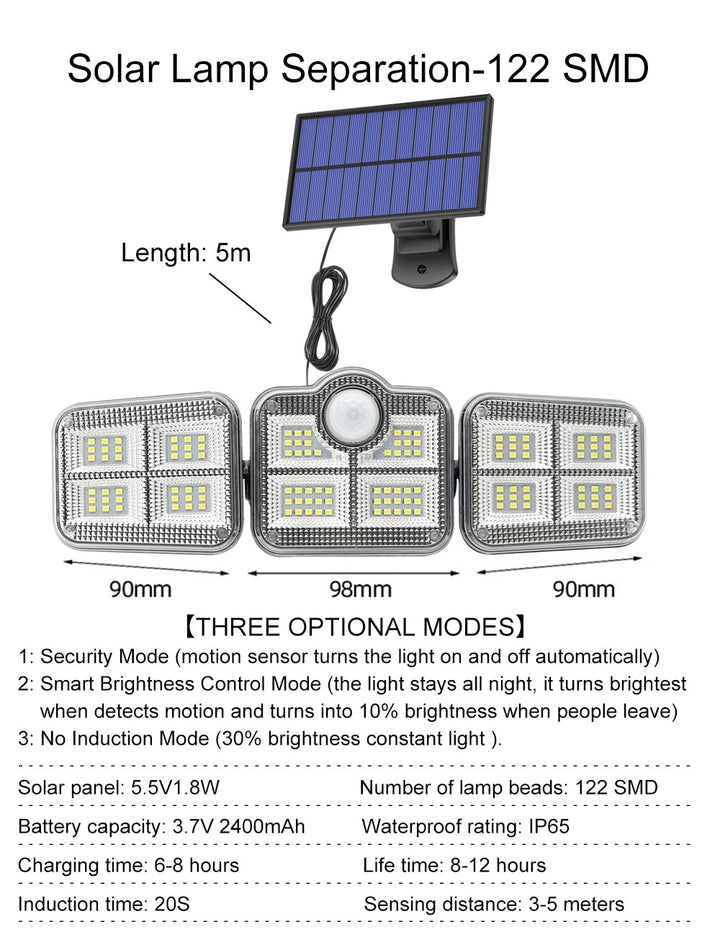 122/138/171/198/333 LED Solar Lights Outdoor Motion Sensor Human Induction Adjustable head IP65 Waterproof Solar Power Wall Lamp