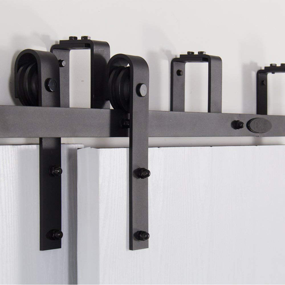 LWZH Country Style Sliding Barn Door Hardware Kit Black J-Shaped Rollers for Interior Double Door
