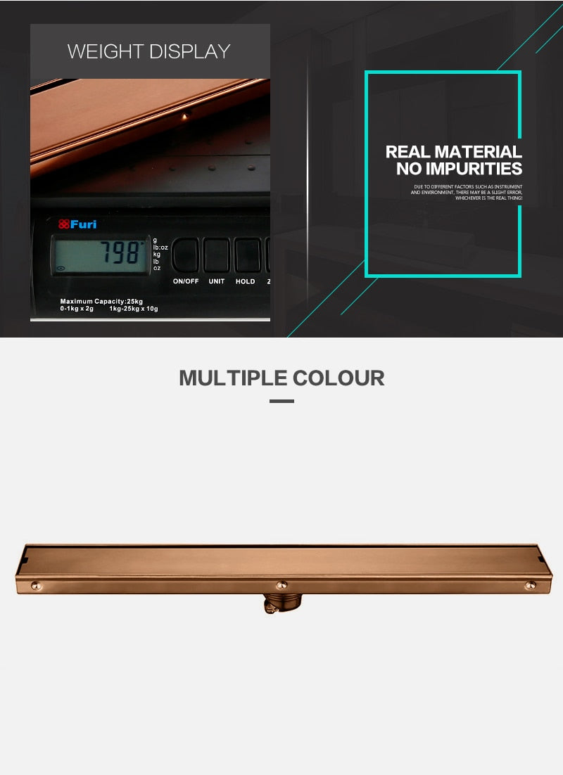 Smesiteli  Rose Gold 800/900/1000mm Rectangular Linear Tile Insert Anti-Odor Floor Drain