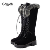 Gdgydh Lace-up Winter Shoes Women Snow Boots Real Fur  Knee High Suede Thick Heel With Zip Big Size 43