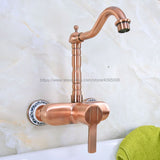 Antique Red Copper Wall Mounted Swivel Spout Bathroom Sink Faucet Single Handle Mixer Tap Wall Mounted Bnf939