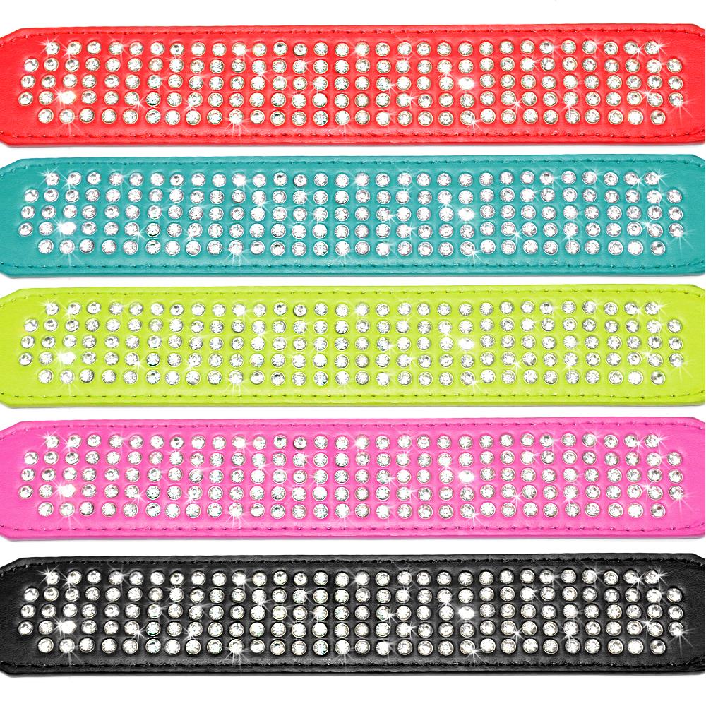 Rhinestone Leather Diamante Crystal Studded Dogs Pet Collars 2inch Wide