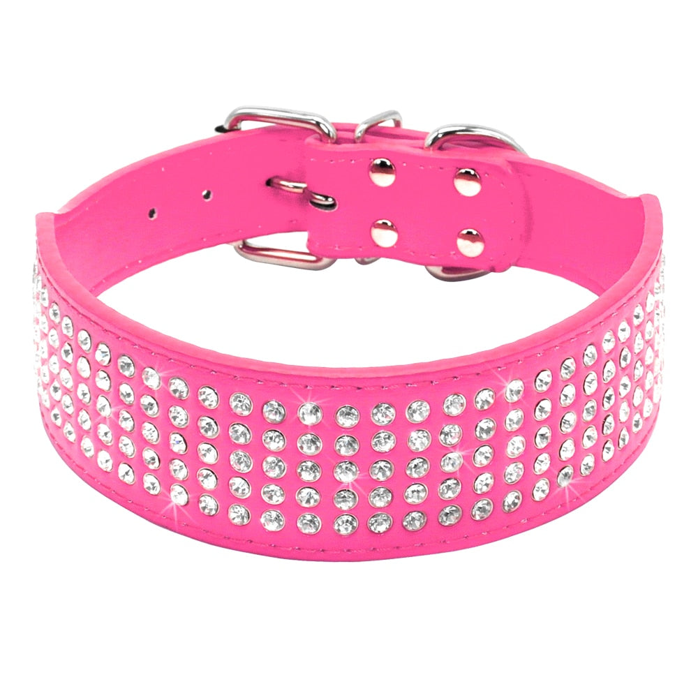 Rhinestone Leather Diamante Crystal Studded Dogs Pet Collars 2inch Wide