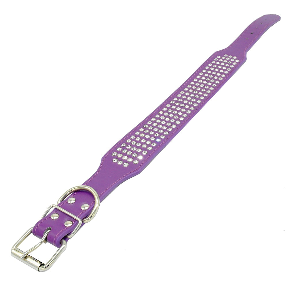 Rhinestone Leather Diamante Crystal Studded Dogs Pet Collars 2inch Wide