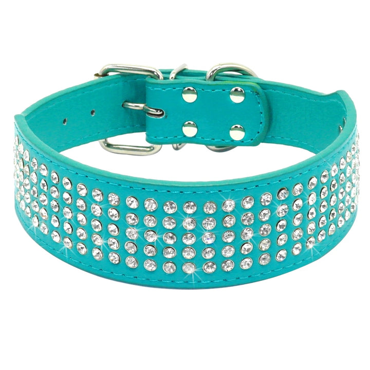 Rhinestone Leather Diamante Crystal Studded Dogs Pet Collars 2inch Wide