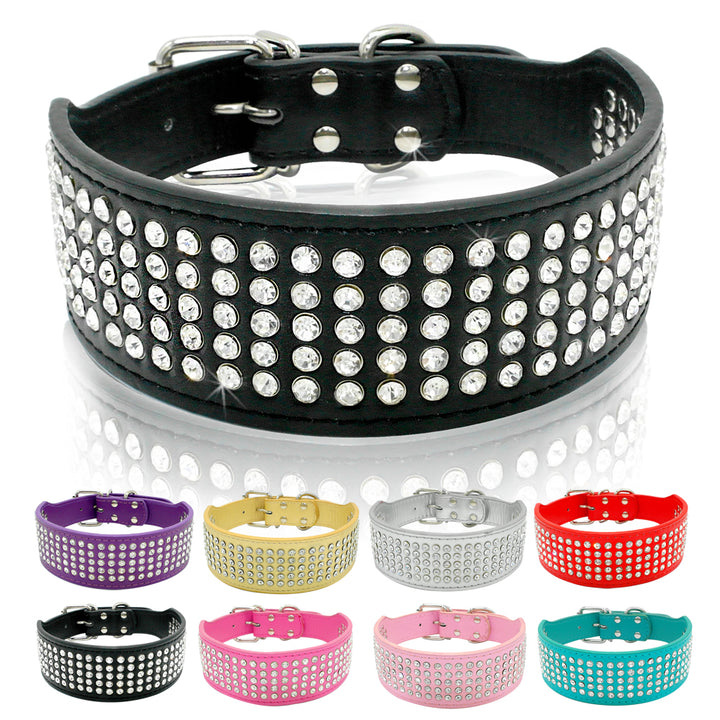Rhinestone Leather Diamante Crystal Studded Dogs Pet Collars 2inch Wide