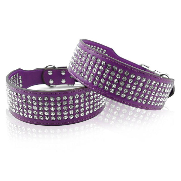 Rhinestone Leather Diamante Crystal Studded Dogs Pet Collars 2inch Wide