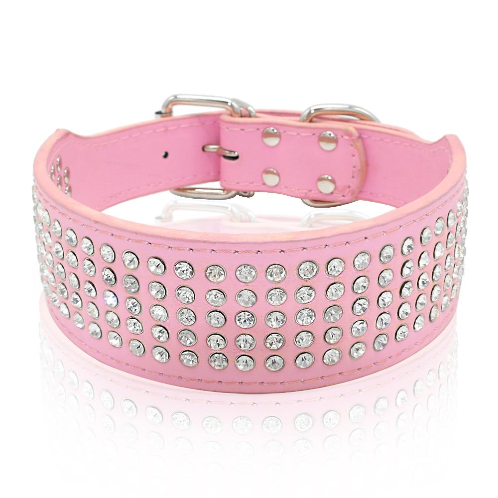Rhinestone Leather Diamante Crystal Studded Dogs Pet Collars 2inch Wide